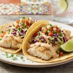 tilapia fish tacos with cabbage and sauce