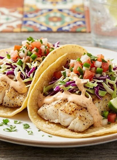 tilapia fish tacos with cabbage and sauce