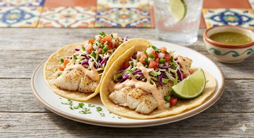 tilapia fish tacos with cabbage and sauce