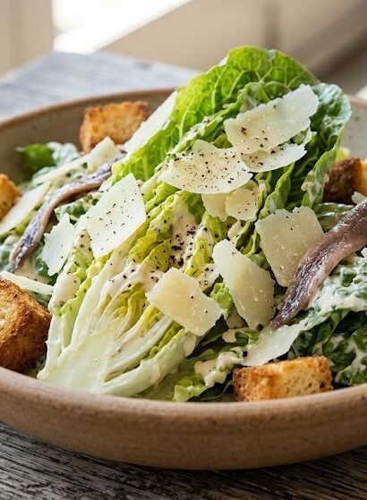 caesar salad with romaine lettuce and croutons
