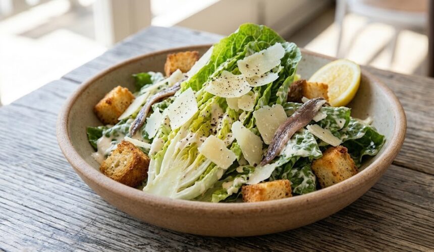 caesar salad with romaine lettuce and croutons