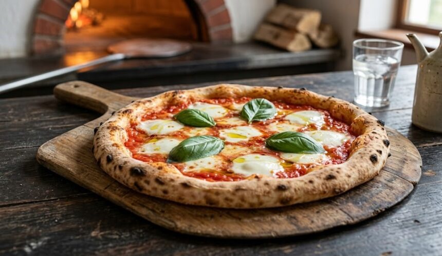 neapolitan pizza with basil and mozzarella