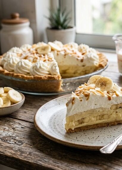 homemade banana cream pie with whipped cream,