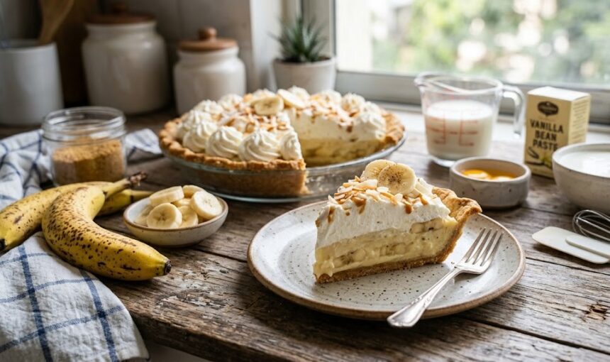 homemade banana cream pie with whipped cream,