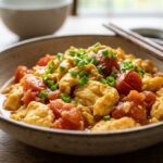 chinese tomato egg stir fry close up