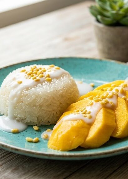 coconut sticky rice with mango slices,