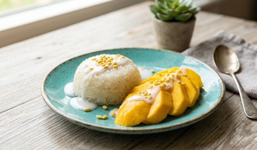 coconut sticky rice with mango slices,