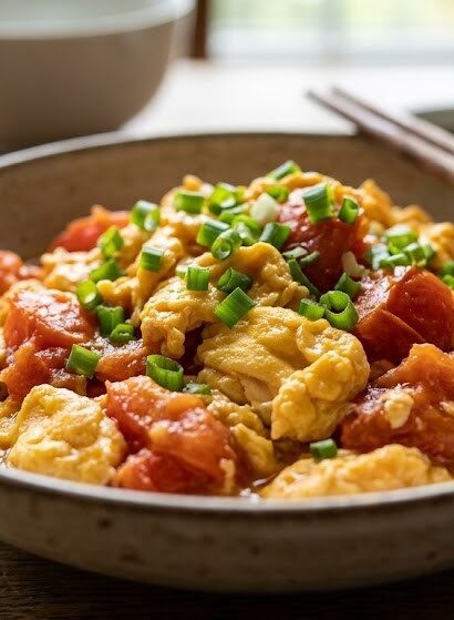 chinese tomato egg stir fry close up