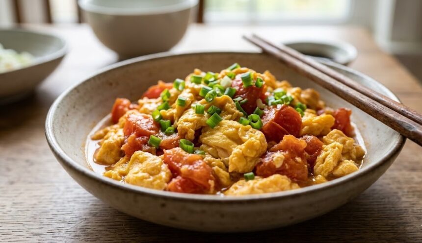 chinese tomato egg stir fry close up