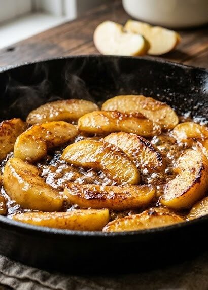 caramelized apple slices in skillet
