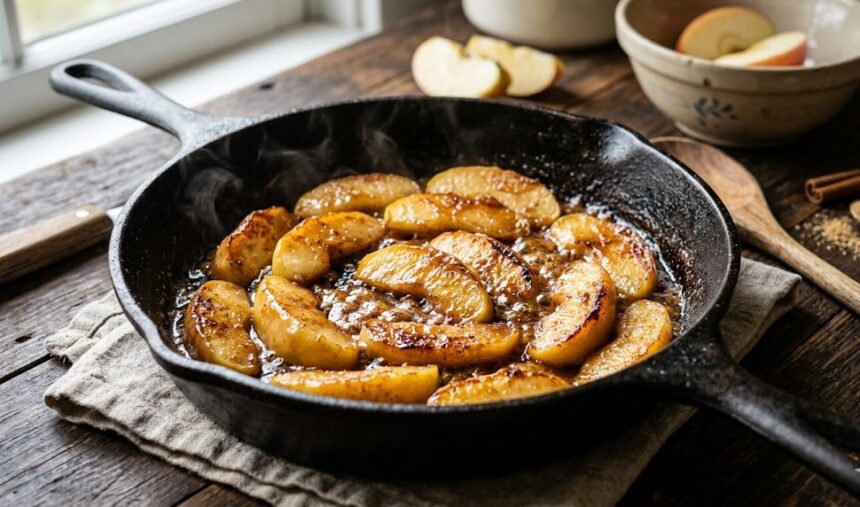 caramelized apple slices in skillet