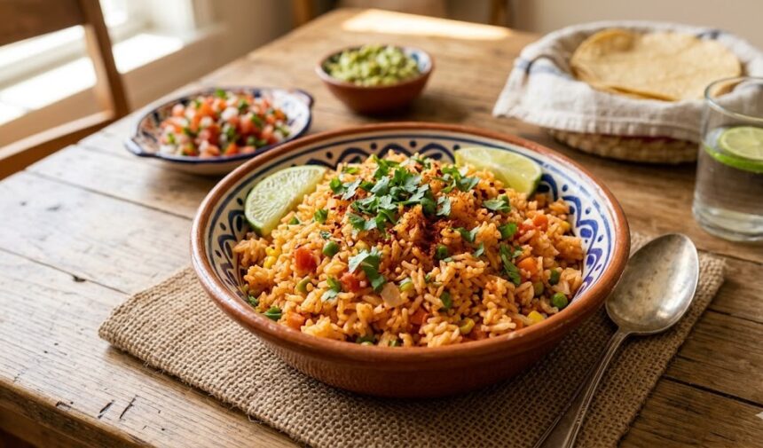 mexican rice arroz rojo bowl close up