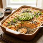 baked sushi rice with salmon
