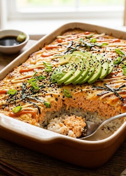 baked sushi rice with salmon