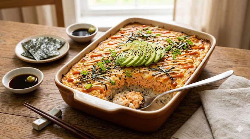 baked sushi rice with salmon