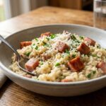 homemade spam risotto plate
