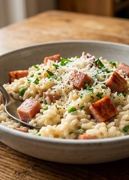 homemade spam risotto plate