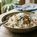 creamy coconut rice with shredded coconut