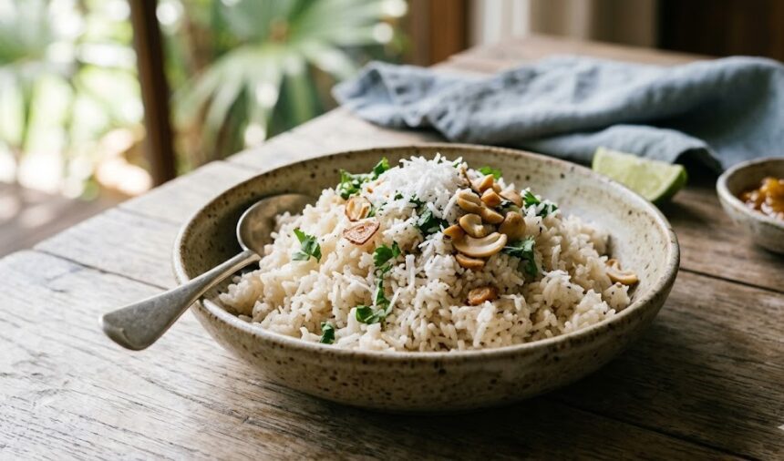 creamy coconut rice with shredded coconut