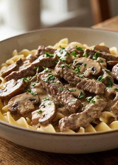 creamy beef stroganoff with noodles