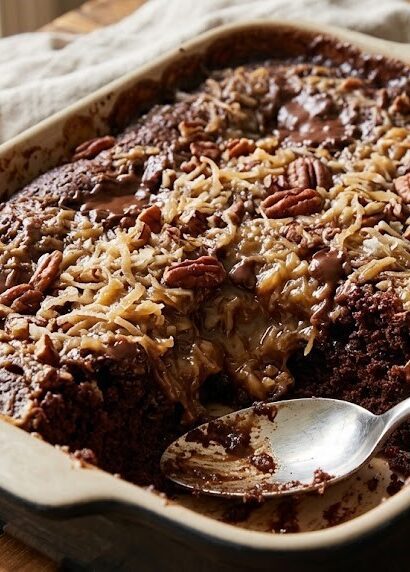 german chocolate dump cake close up