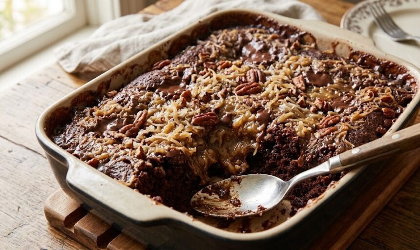 german chocolate dump cake close up