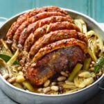 Roast pork loin with lavender honey-glazed apricots