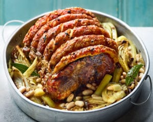 Roast pork loin with lavender honey-glazed apricots