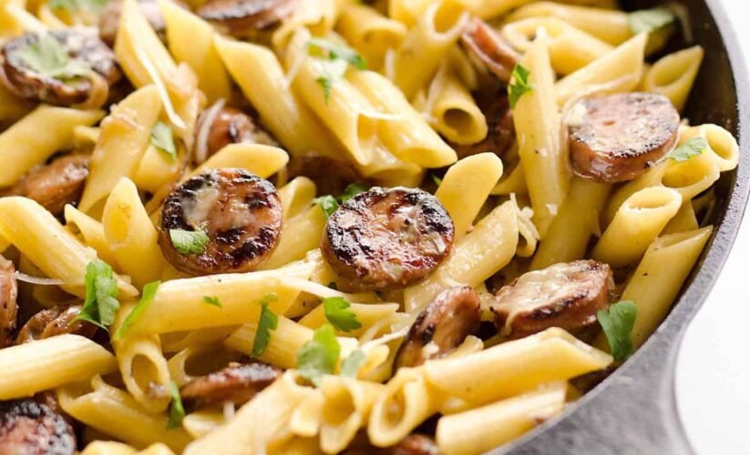 chicken sausage pasta in bowl,