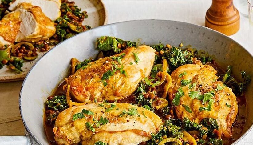 Lemony chicken lentils