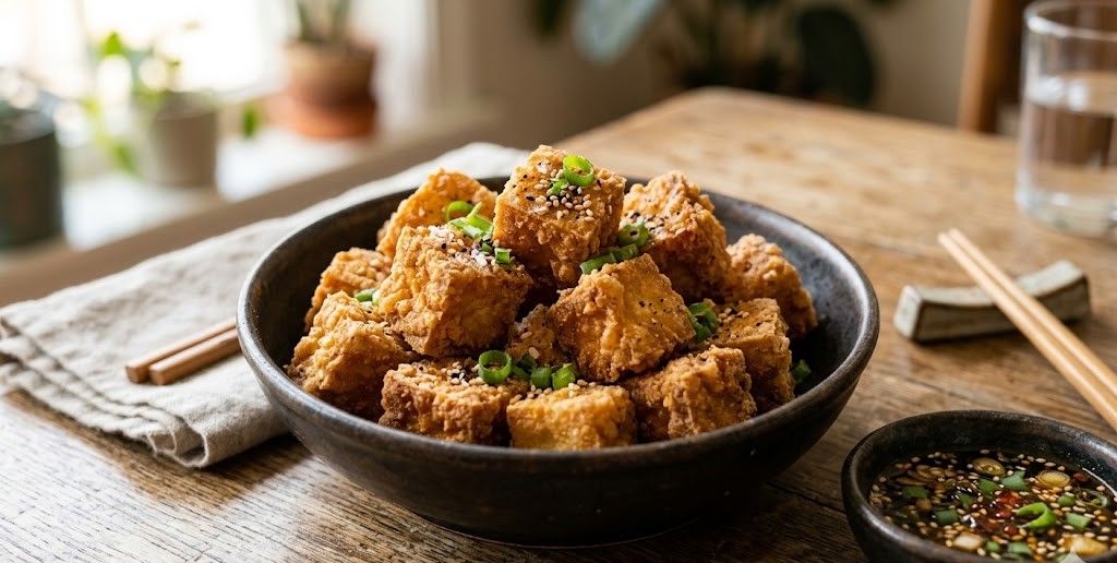 crispy baked tofu cubes golden