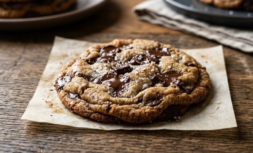 chewy brown butter chocolate chip cookies close up