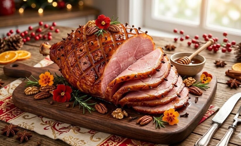 honey glazed ham on platter
