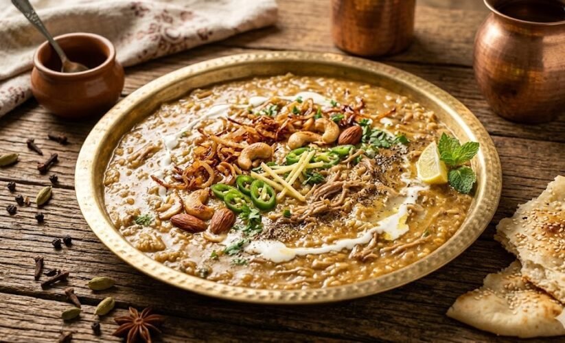 haleem dish with fried onions