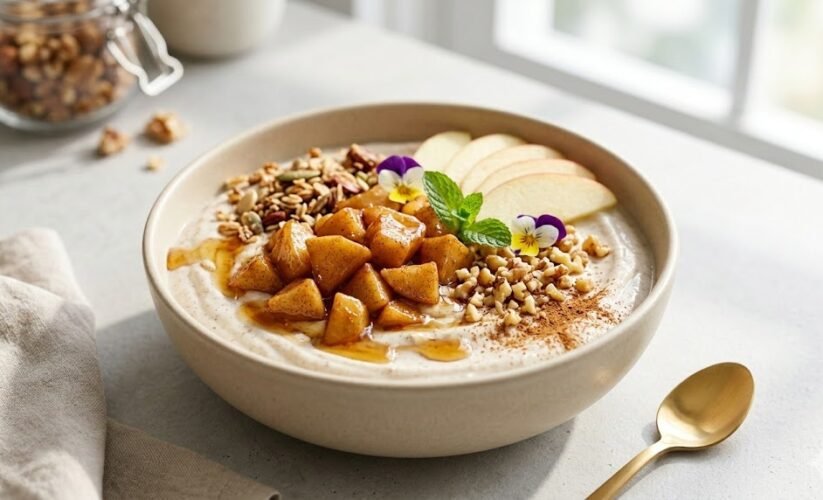 high protein apple pie yogurt bowl,