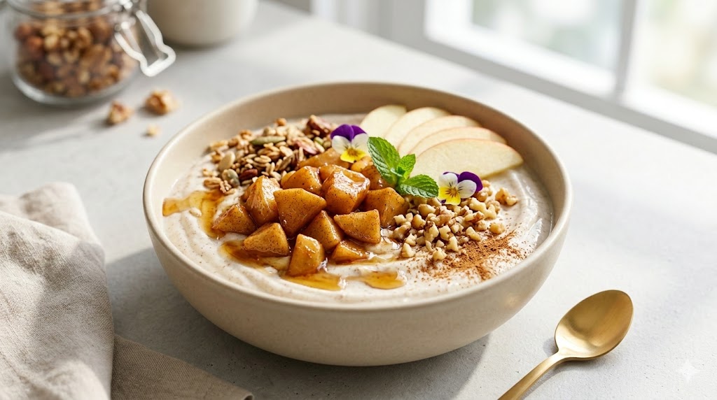 high protein apple pie yogurt bowl,
