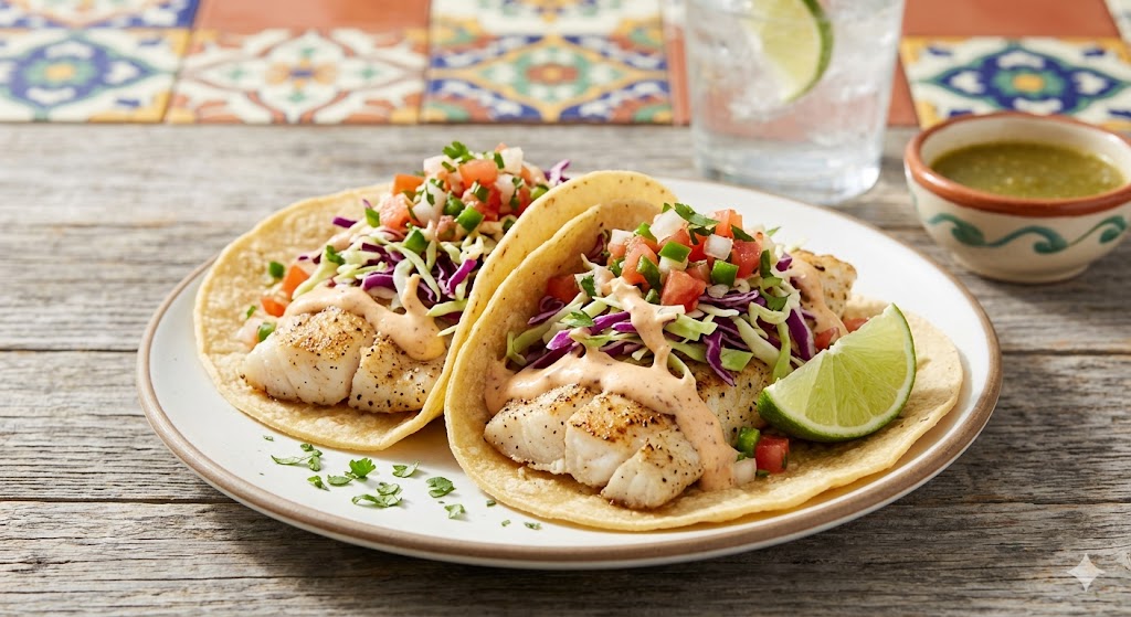 tilapia fish tacos with cabbage and sauce