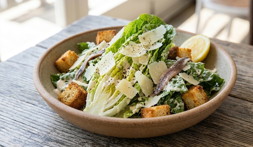 caesar salad with romaine lettuce and croutons