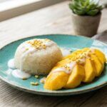 coconut sticky rice with mango slices,