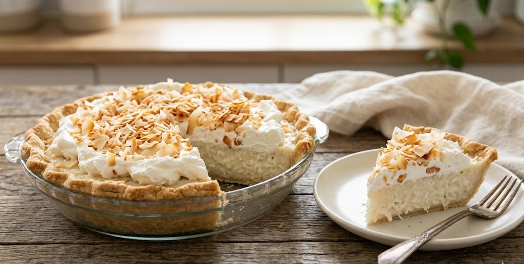 old fashioned coconut cream pie slice close up