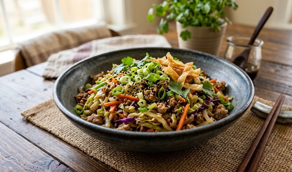 deconstructed egg roll bowl recipe plate