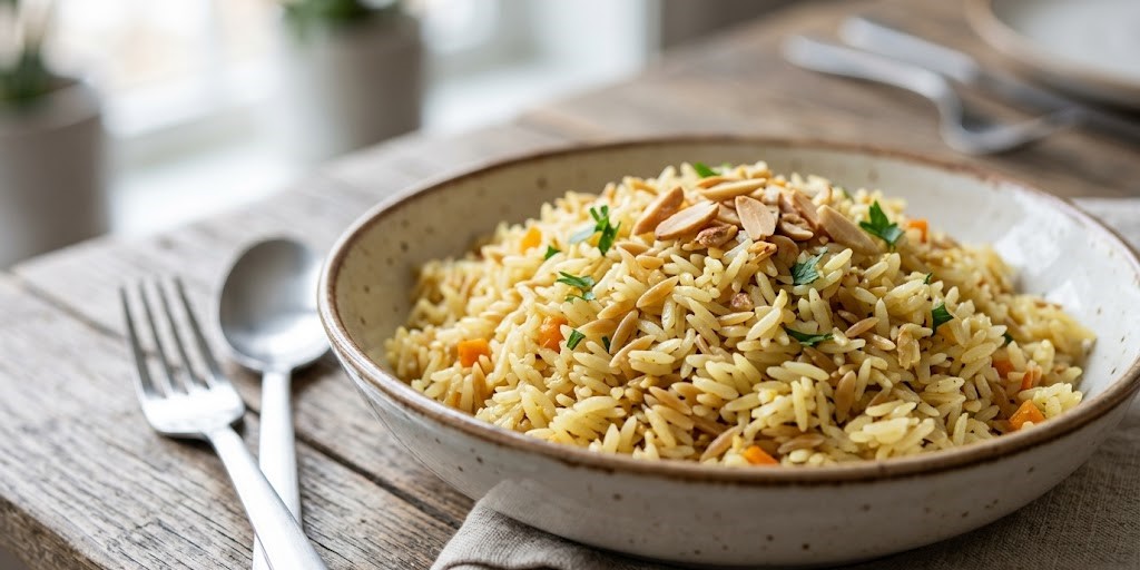 fluffy rice pilaf with parsley garnish