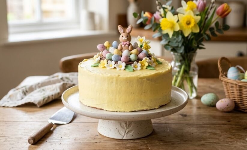 easter cake decorated with pastel colors