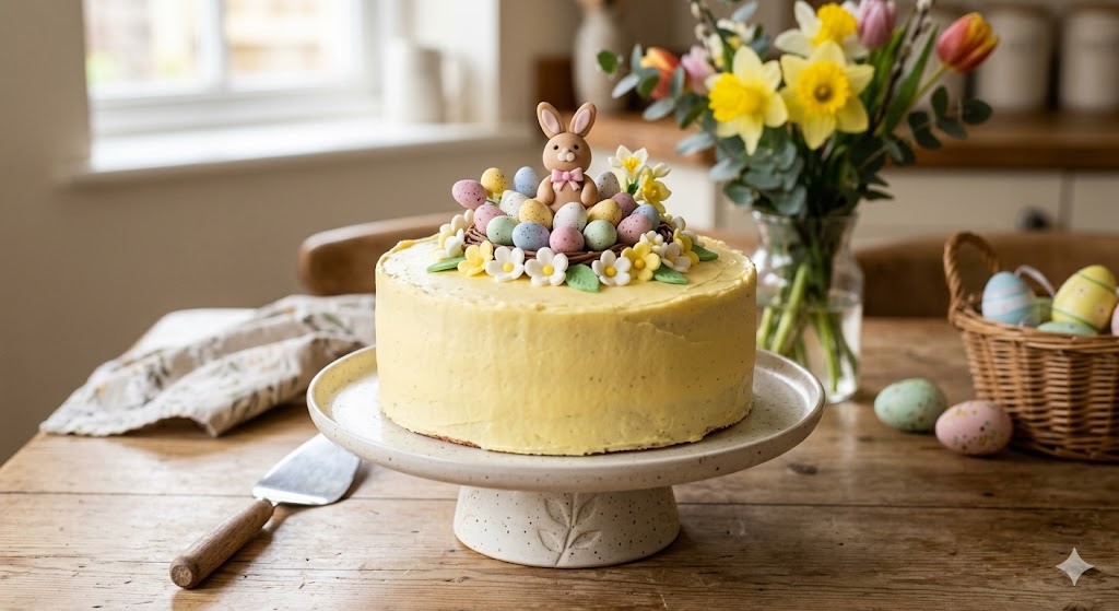 easter cake decorated with pastel colors