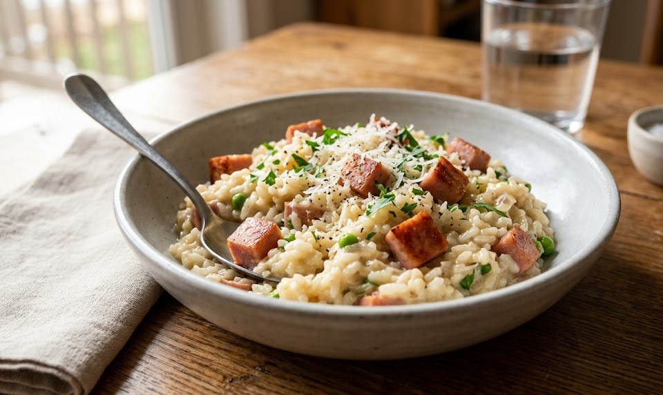 homemade spam risotto plate