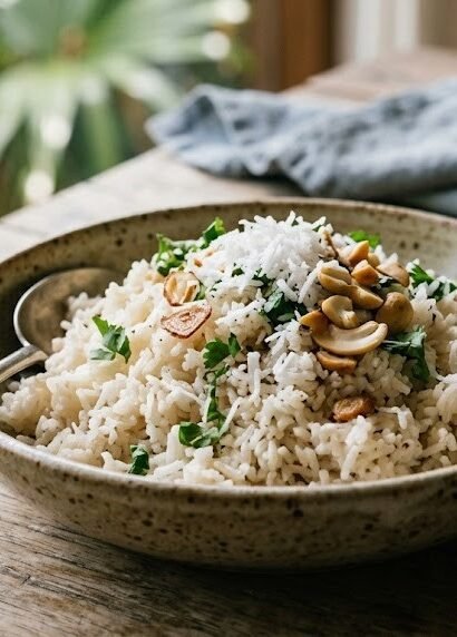 creamy coconut rice with shredded coconut