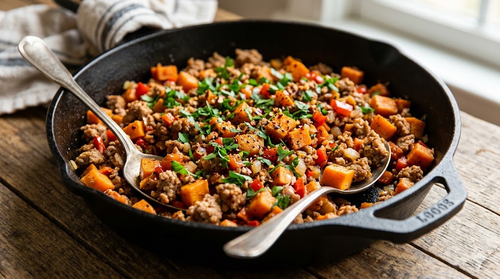 healthy turkey and sweet potato skillet meal