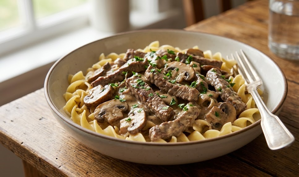 creamy beef stroganoff with noodles